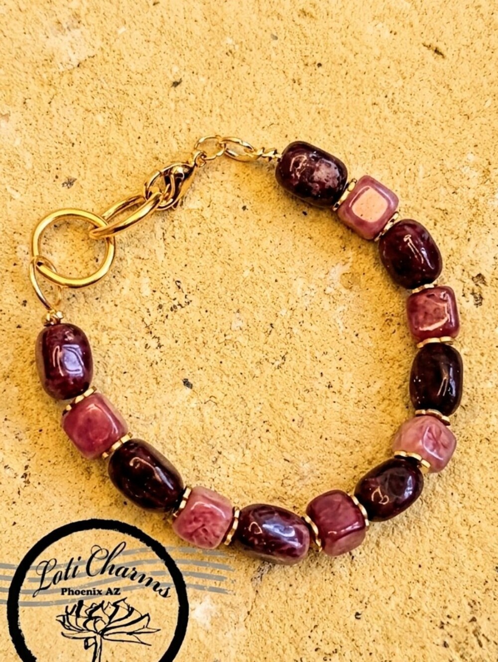 Genuine Red Cranberry Jade In Chunky Gold Plated Bracelet